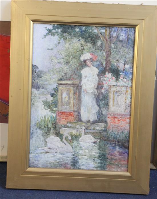 David Woodlock (1842-1929) Woman and swans 19.5 x 13.5in.